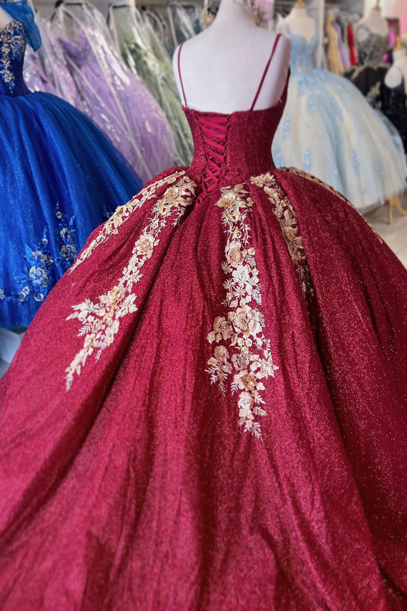 Load image into Gallery viewer, Sparkly Burgundy Spaghetti Straps V Neck Long Quinceanera Dress with Appliques