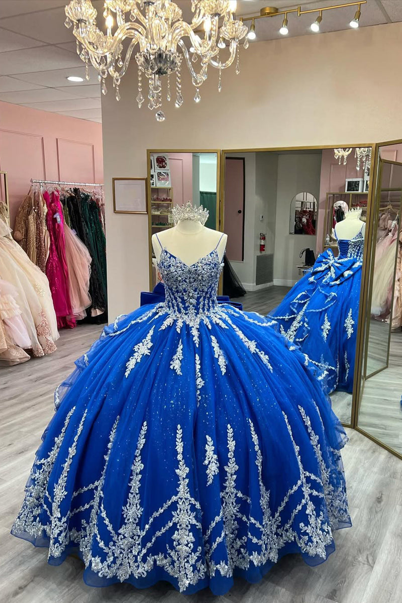 Load image into Gallery viewer, Spaghetti Straps Sparkly Royal Blue Sequined Appliques Ball Gown with Bow