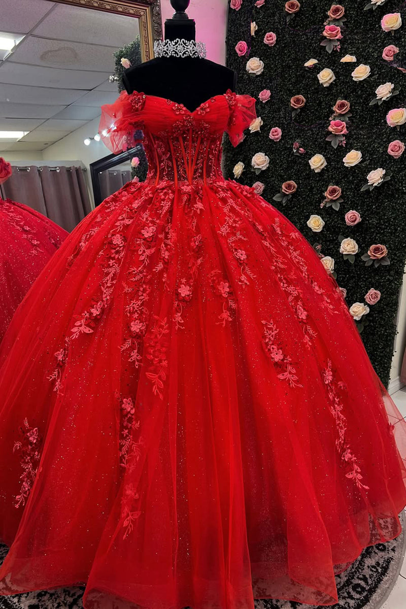 Load image into Gallery viewer, Red Appliques Off The Shoulder Corset Quinceanera Dress with Lace Up Back
