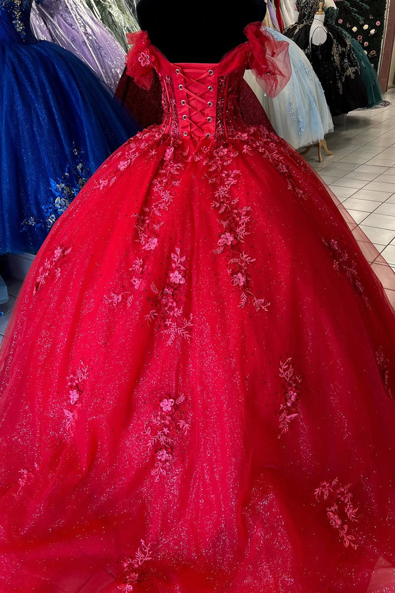 Load image into Gallery viewer, Red Appliques Off The Shoulder Corset Quinceanera Dress with Lace Up Back