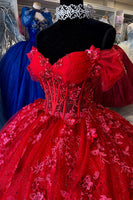 Load image into Gallery viewer, Red Appliques Off The Shoulder Corset Quinceanera Dress with Lace Up Back
