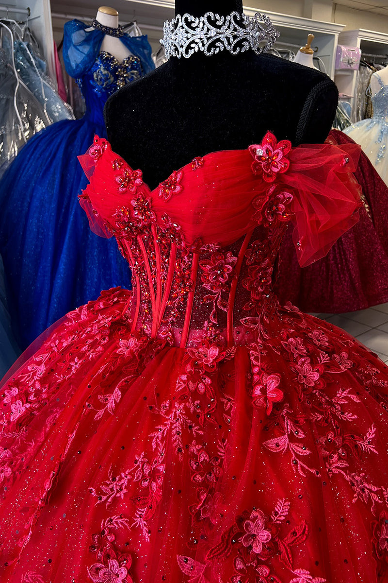 Load image into Gallery viewer, Red Appliques Off The Shoulder Corset Quinceanera Dress with Lace Up Back