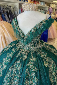 Glitter Dark Green V Neck Sequined Tulle Quinceanera Dress with Appliques