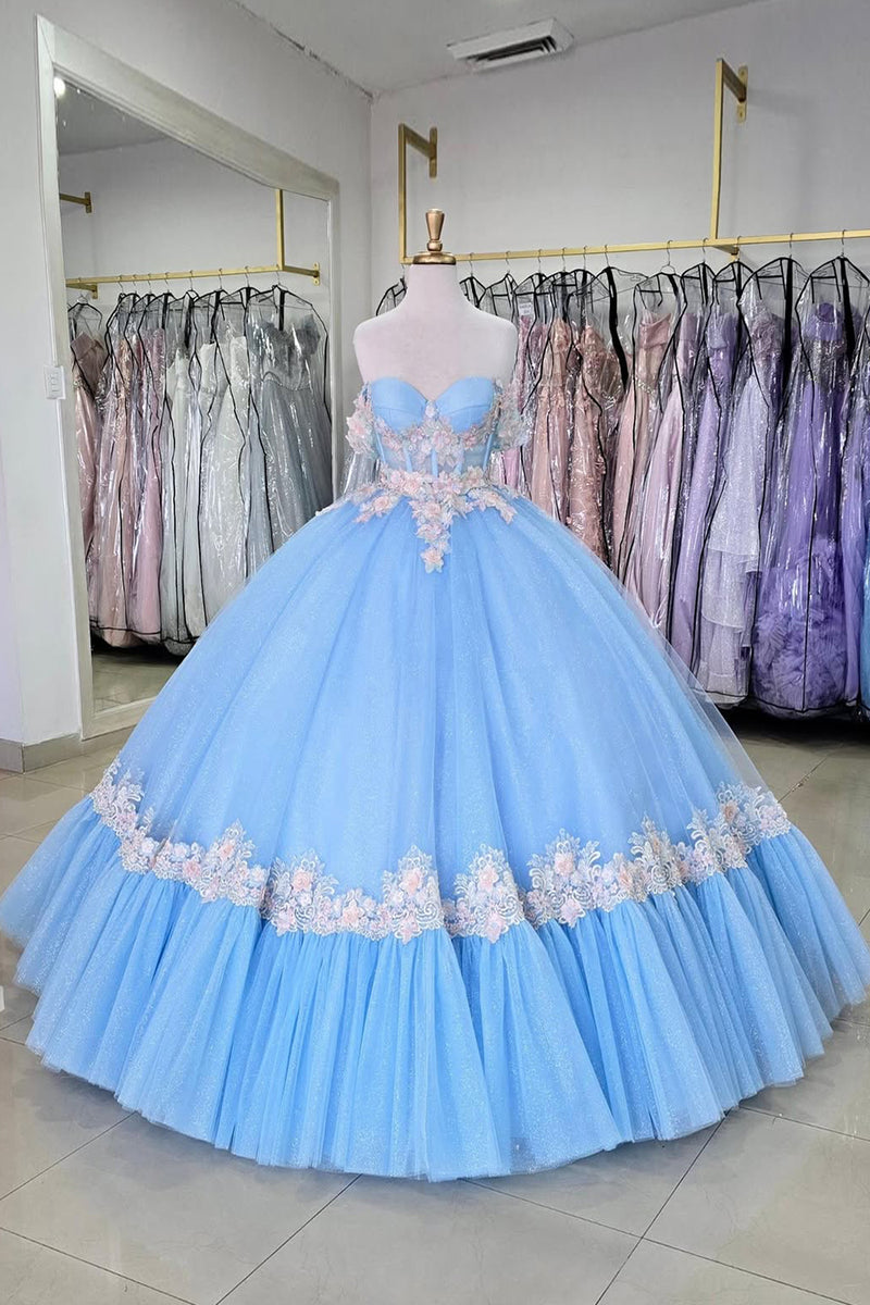 Load image into Gallery viewer, Blue Off The Shoulder Corset Sequined Appliques Pleated Quinceanera Dress