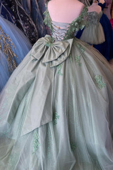 Sparkly Grey Green V Neck Sequined Tulle Ball Gown with Appliques
