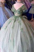 Load image into Gallery viewer, Sparkly Grey Green V Neck Sequined Tulle Ball Gown with Appliques