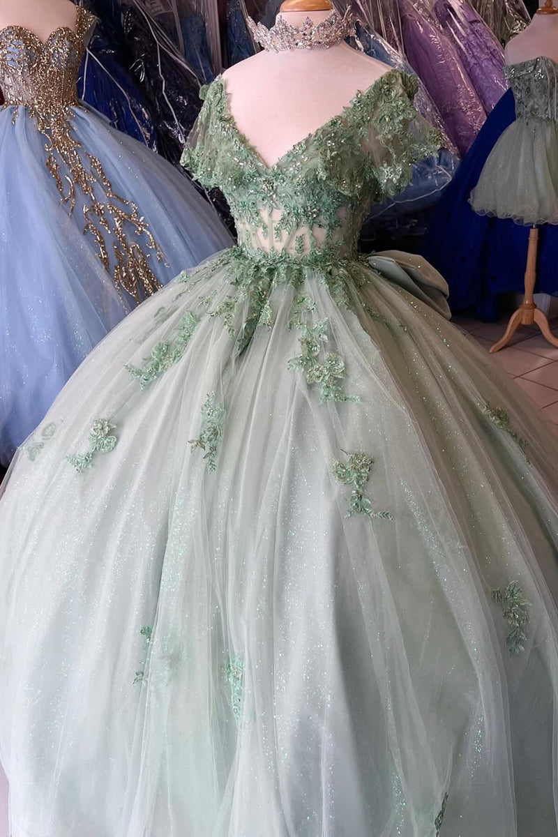Load image into Gallery viewer, Sparkly Grey Green V Neck Sequined Tulle Ball Gown with Appliques