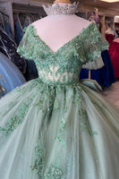 Load image into Gallery viewer, Sparkly Grey Green V Neck Sequined Tulle Ball Gown with Appliques