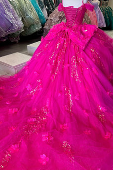 Sparkly Fuchsia Cold Shoulder Sequined Long Quinceanera Dress