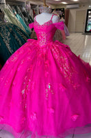 Load image into Gallery viewer, Sparkly Fuchsia Cold Shoulder Sequined Long Quinceanera Dress