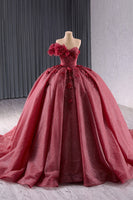 Load image into Gallery viewer, Sparkly Burgundy Strapless Corset Tulle Flowers Quinceanera Dress with Appliques