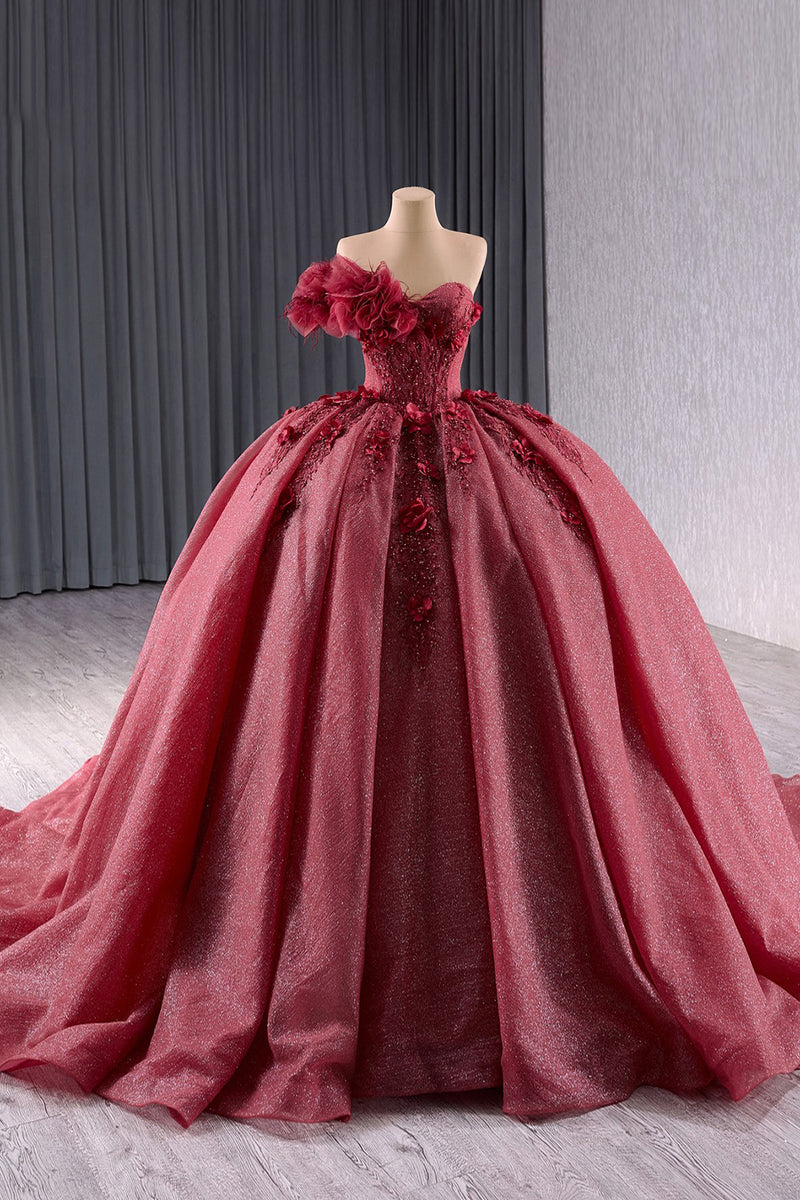 Load image into Gallery viewer, Sparkly Burgundy Strapless Corset Tulle Flowers Quinceanera Dress with Appliques