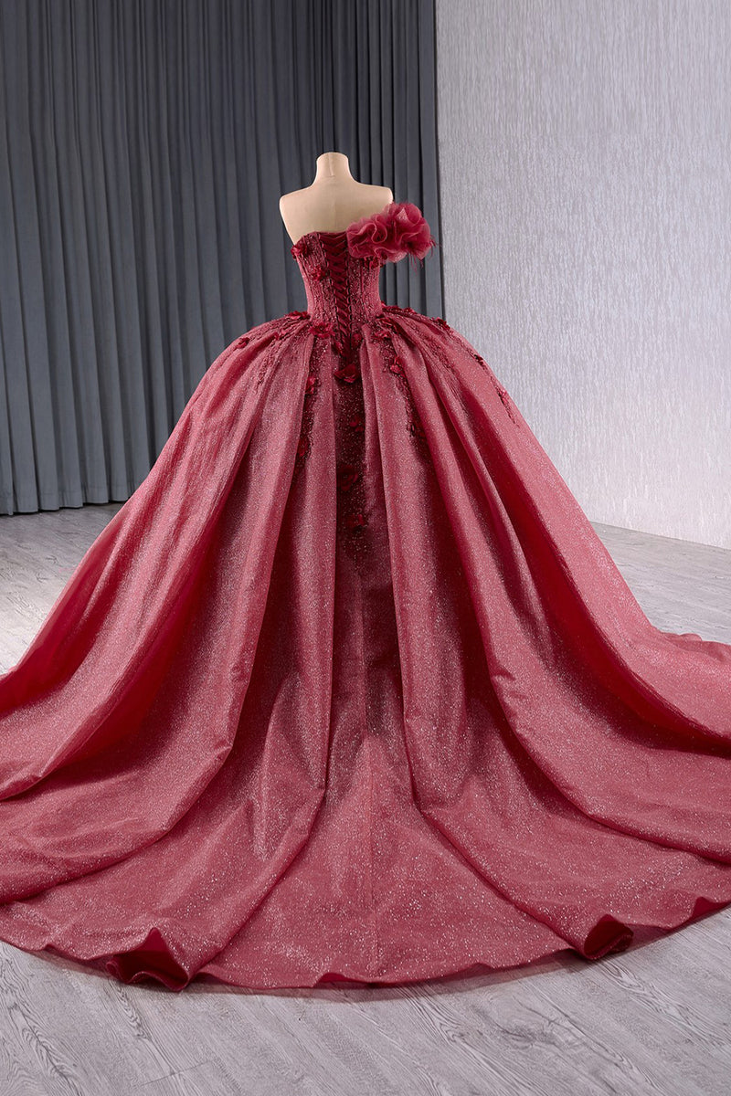 Load image into Gallery viewer, Sparkly Burgundy Strapless Corset Tulle Flowers Quinceanera Dress with Appliques