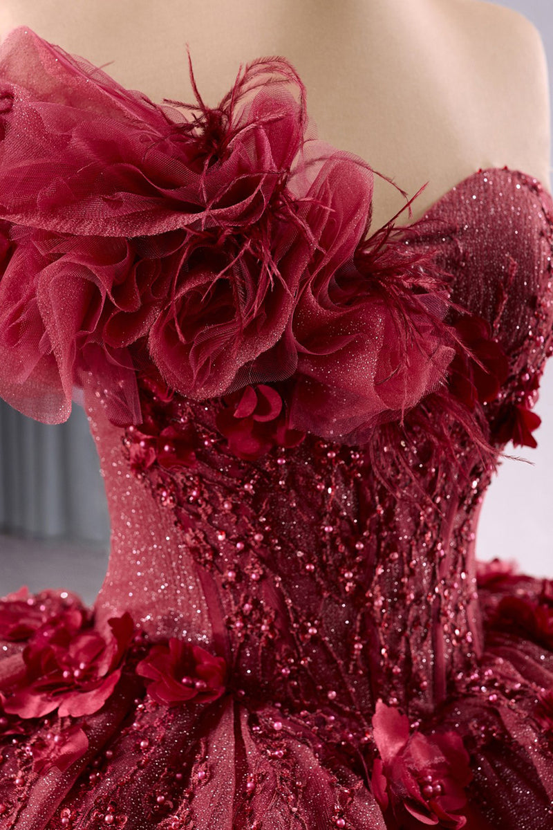 Load image into Gallery viewer, Sparkly Burgundy Strapless Corset Tulle Flowers Quinceanera Dress with Appliques