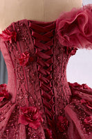 Load image into Gallery viewer, Sparkly Burgundy Strapless Corset Tulle Flowers Quinceanera Dress with Appliques