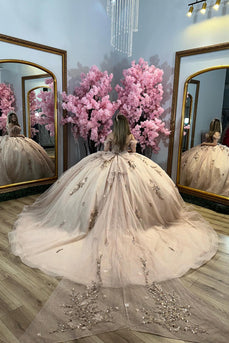 Sparkly Champagne Off Shoulder Appliques Quinceanera Dress with Sequins