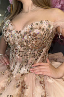 Load image into Gallery viewer, Sparkly Champagne Off Shoulder Appliques Quinceanera Dress with Sequins