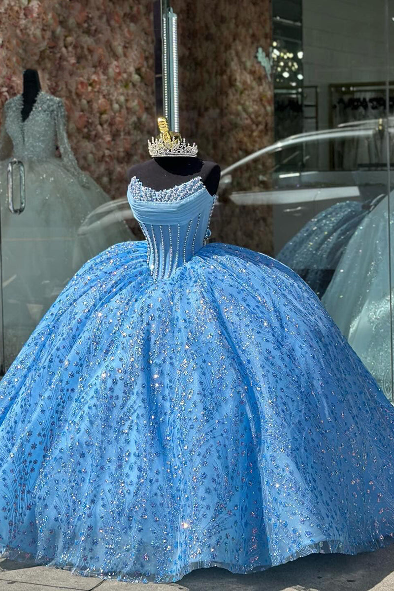 Load image into Gallery viewer, Sparkly Blue Strapless Pearl Corset Quinceanera Dress with Sequins