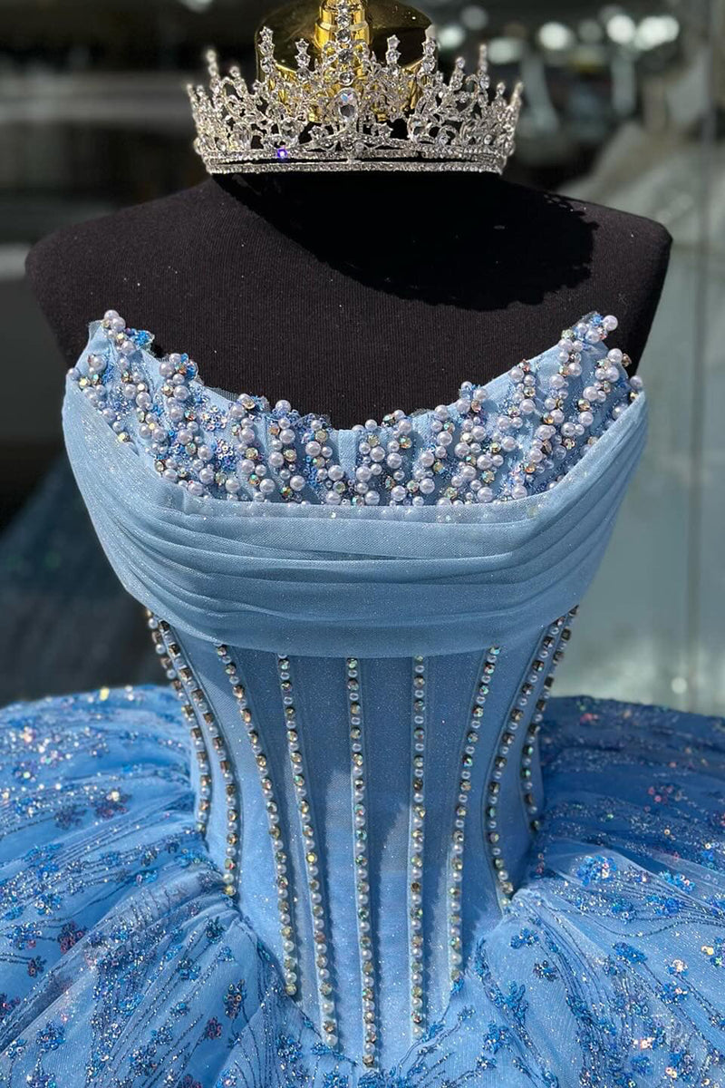 Load image into Gallery viewer, Sparkly Blue Strapless Pearl Corset Quinceanera Dress with Sequins