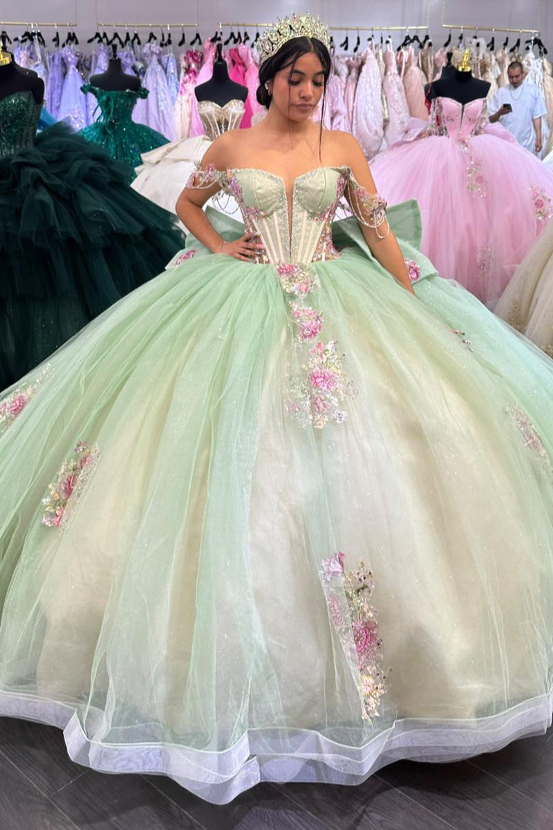 Load image into Gallery viewer, Off the Shoulder Light Green Pink Flowers Appliques Tulle Quinceanera Dress