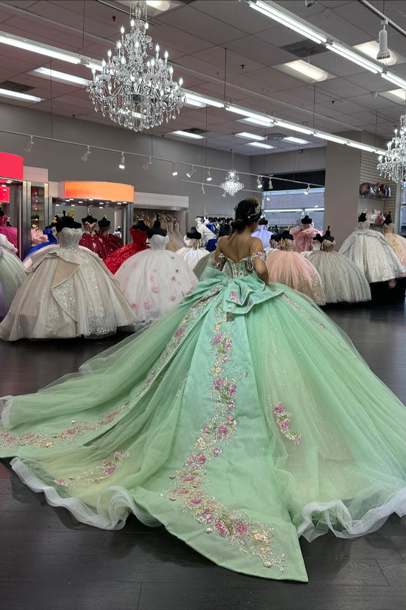 Load image into Gallery viewer, Off the Shoulder Light Green Pink Flowers Appliques Tulle Quinceanera Dress