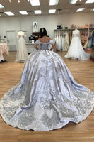 Load image into Gallery viewer, Off the Shoulder Sparkly Silver Sequined Appliques Ball Gown with Rhinestones
