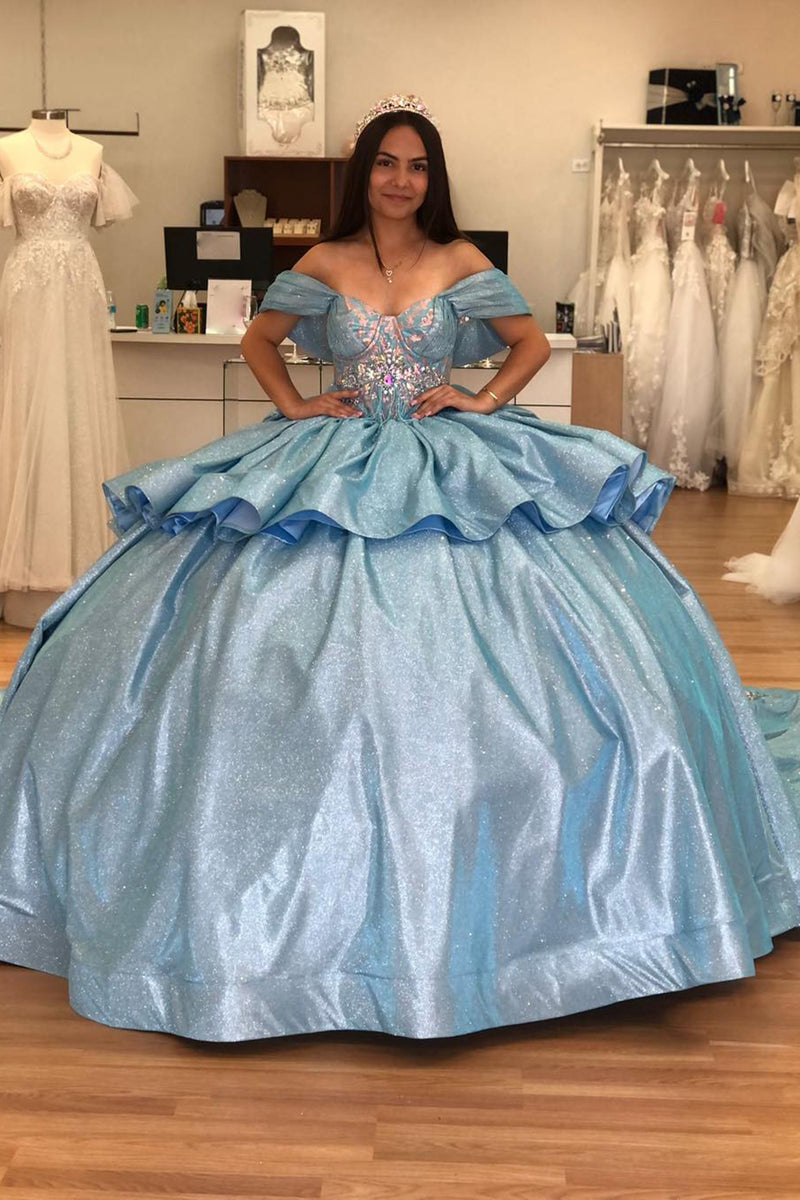 Load image into Gallery viewer, Sparkly Grey Blue Off The Shoulder Appliques Tiered Quinceanera Dress with Sequins