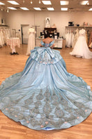 Load image into Gallery viewer, Sparkly Grey Blue Off The Shoulder Appliques Tiered Quinceanera Dress with Sequins
