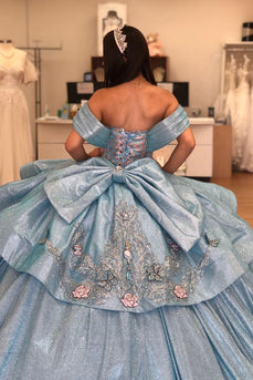 Sparkly Grey Blue Off The Shoulder Appliques Tiered Quinceanera Dress with Sequins
