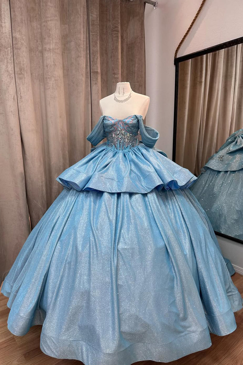 Load image into Gallery viewer, Sparkly Grey Blue Off The Shoulder Appliques Tiered Quinceanera Dress with Sequins