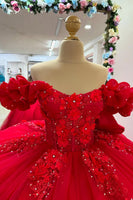 Load image into Gallery viewer, Red Off The Shoulder Floral Appliques Quinceanera Dress with Ruffles