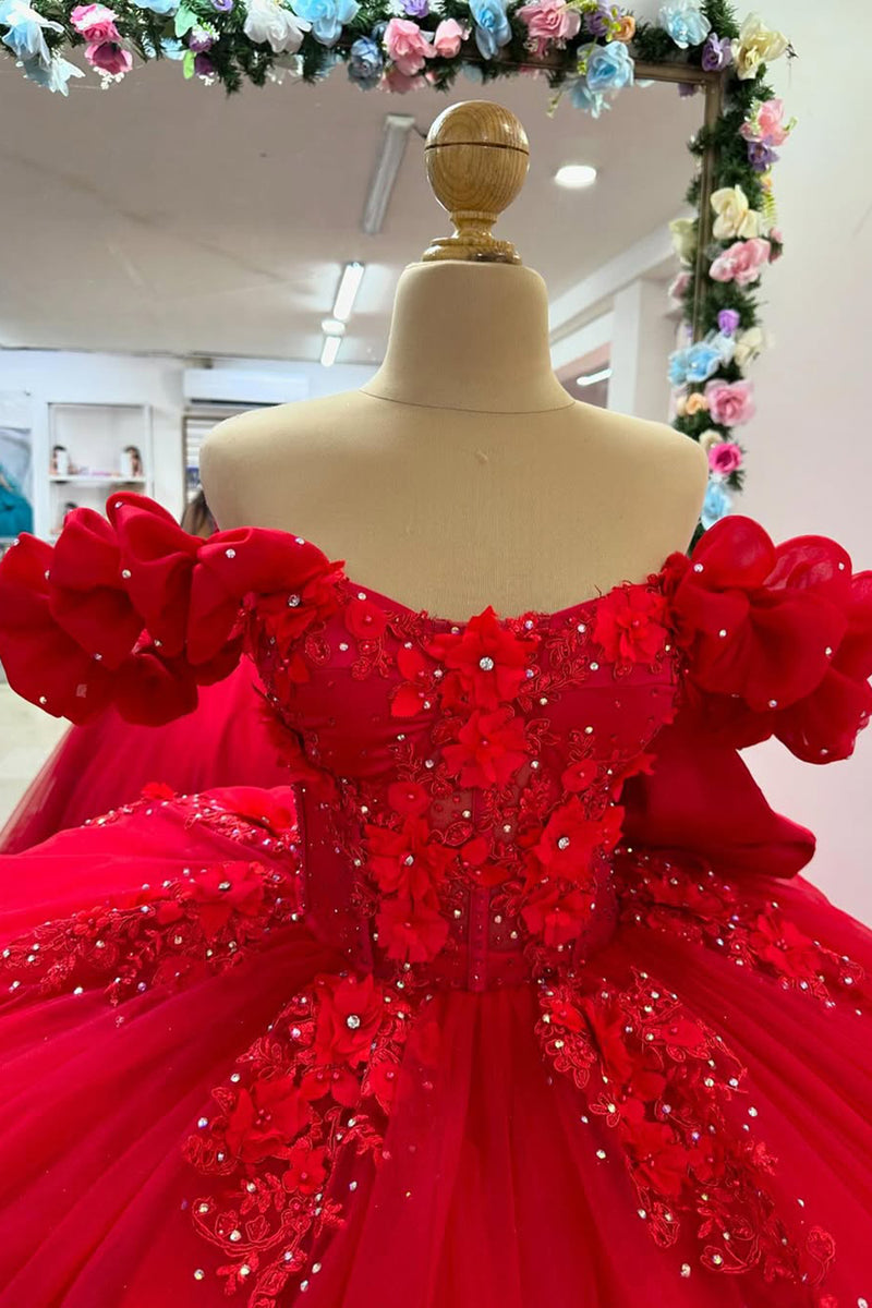 Load image into Gallery viewer, Red Off The Shoulder Floral Appliques Quinceanera Dress with Ruffles