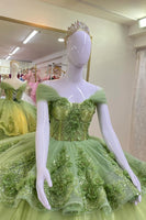 Load image into Gallery viewer, Sparkly Sage Sequins Off The Shoulder Tiered Quinceanera Dress with Appliques