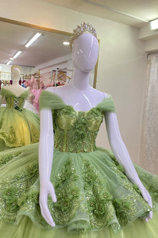 Sparkly Sage Sequins Off The Shoulder Tiered Quinceanera Dress with Appliques