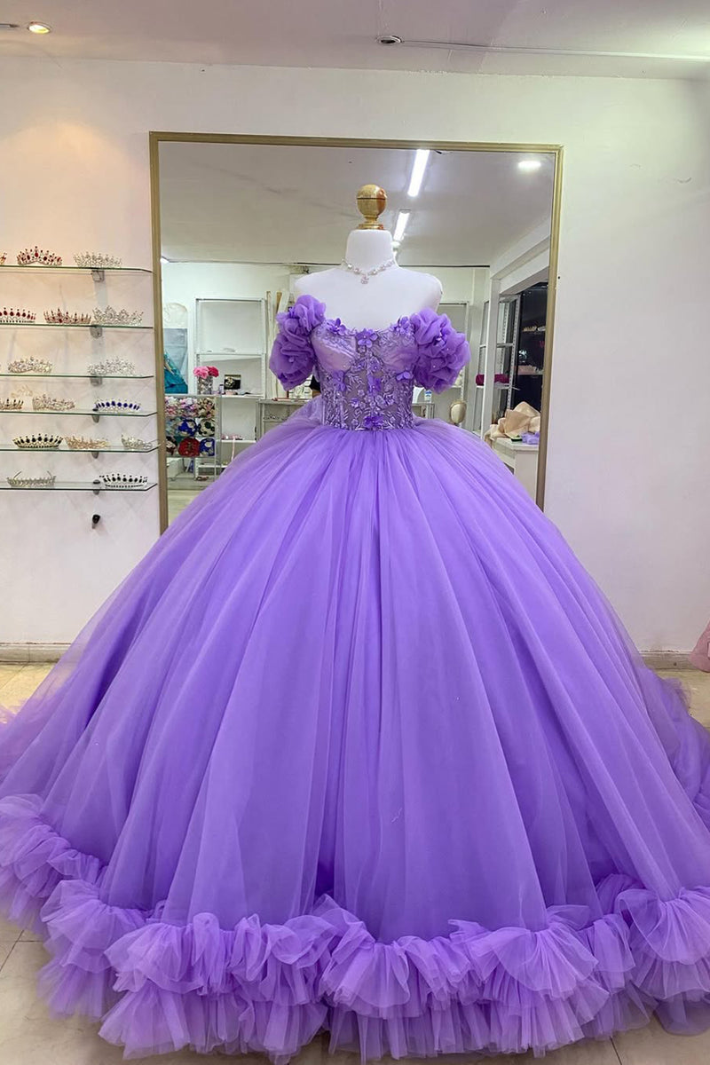 Load image into Gallery viewer, Purple Off The Shoulder Appliques Tulle Quinceanera Dress with Pleated