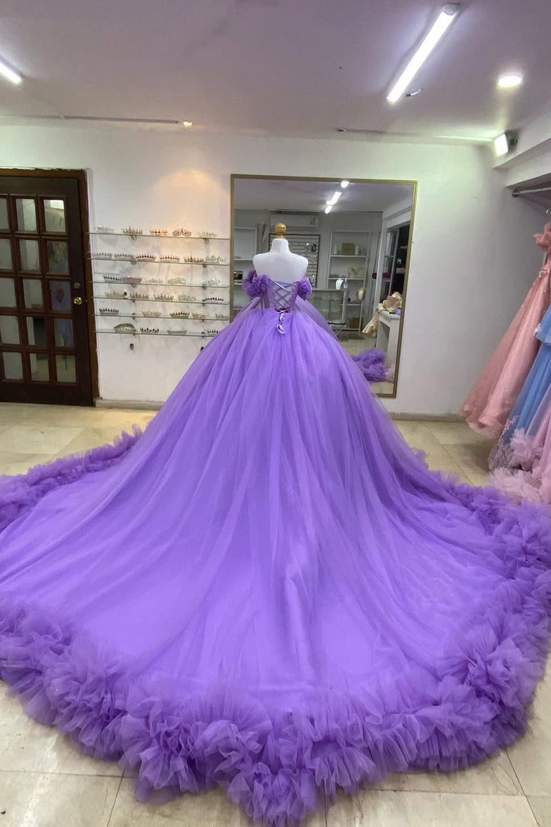 Load image into Gallery viewer, Purple Off The Shoulder Appliques Tulle Quinceanera Dress with Pleated