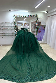 Off the Shoulder Sparkly Dark Green Tulle Quinceanera Dress with Appliques