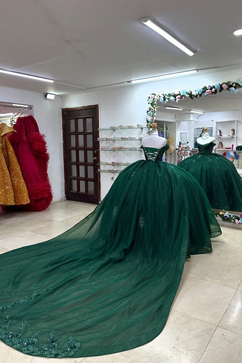 Load image into Gallery viewer, Off the Shoulder Sparkly Dark Green Tulle Quinceanera Dress with Appliques