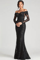 Load image into Gallery viewer, Black Sheath Off The Shoulder Mesh And Lace Formal Dress
