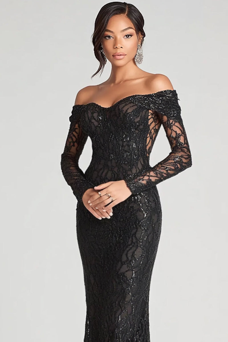 Hellymoon Women Black Formal Dress Sheath Off The Shoulder Long Sleeves