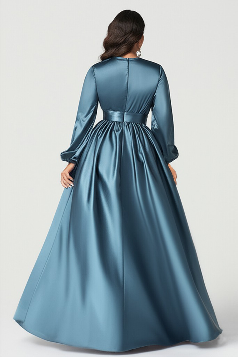 Load image into Gallery viewer, Grey Blue Satin V-Neck Mother of Bride Dress with Long Sleeves