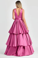 Load image into Gallery viewer, Fuchsia A-Line V Neck Ruffles Long Prom Dress