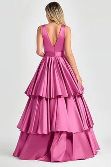 Fuchsia A-Line V Neck Ruffles Long Prom Dress