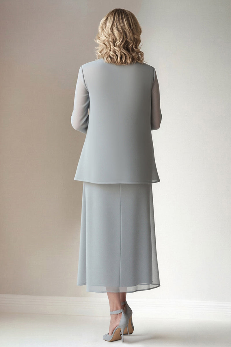 Load image into Gallery viewer, Light Grey Sheath Round Neck 2 Piece Mother of The Bride Dress