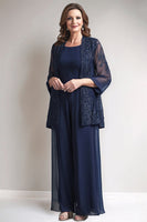 Load image into Gallery viewer, Navy Round Neck Sequin 2 Piece Mother Pant Suits with Appliques
