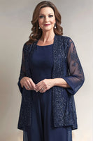 Load image into Gallery viewer, Navy Round Neck Sequin 2 Piece Mother Pant Suits with Appliques