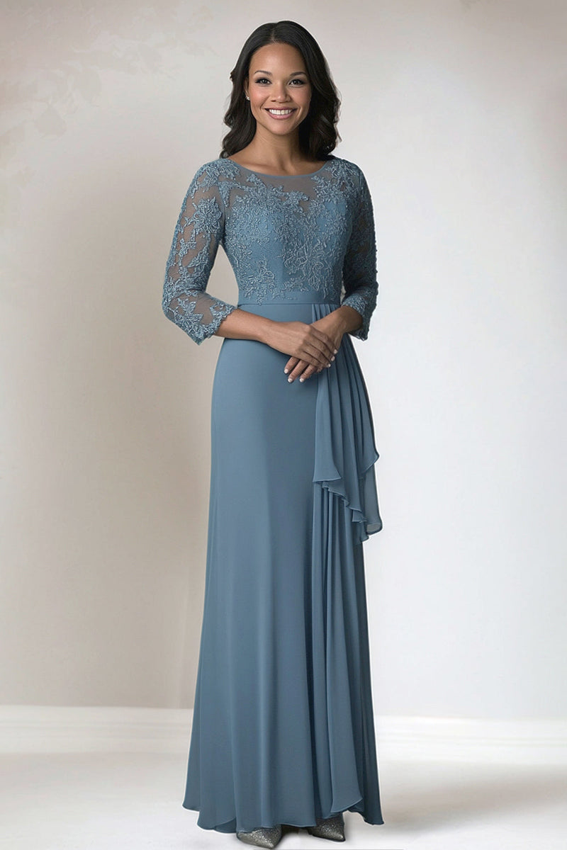Hellymoon Women Dusty Blue Lace Mother of The Bride Dress Chiffon Round  Neck 3/4 Sleeve Long Wedding Guest Dress – hellymoonuk