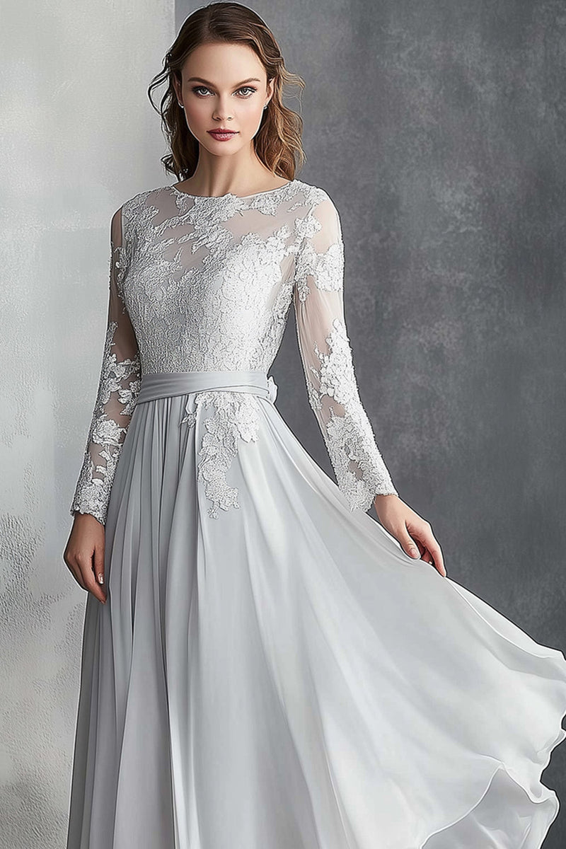 Load image into Gallery viewer, Chiffon Grey A Line Mother of the Bride Dress with Lace Appliques