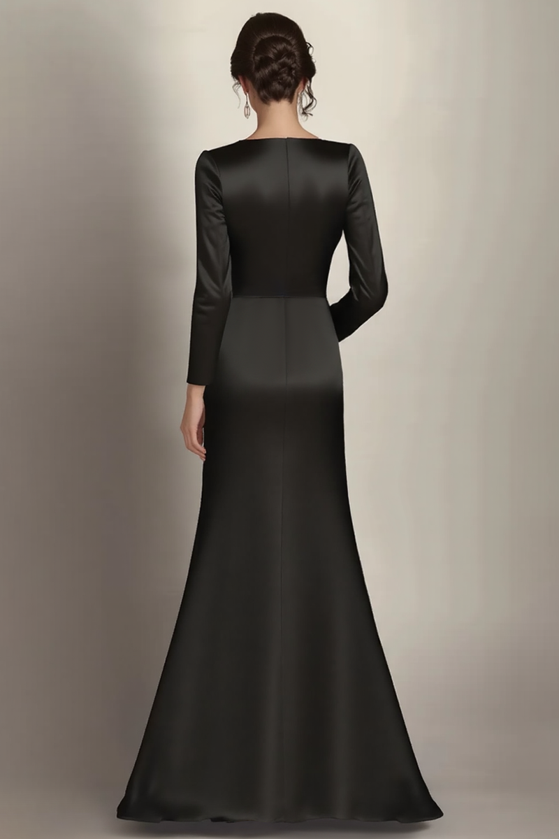 Load image into Gallery viewer, Black Mermaid Long Sleeves Satin Ruched Long Mother of the Bride Dress
