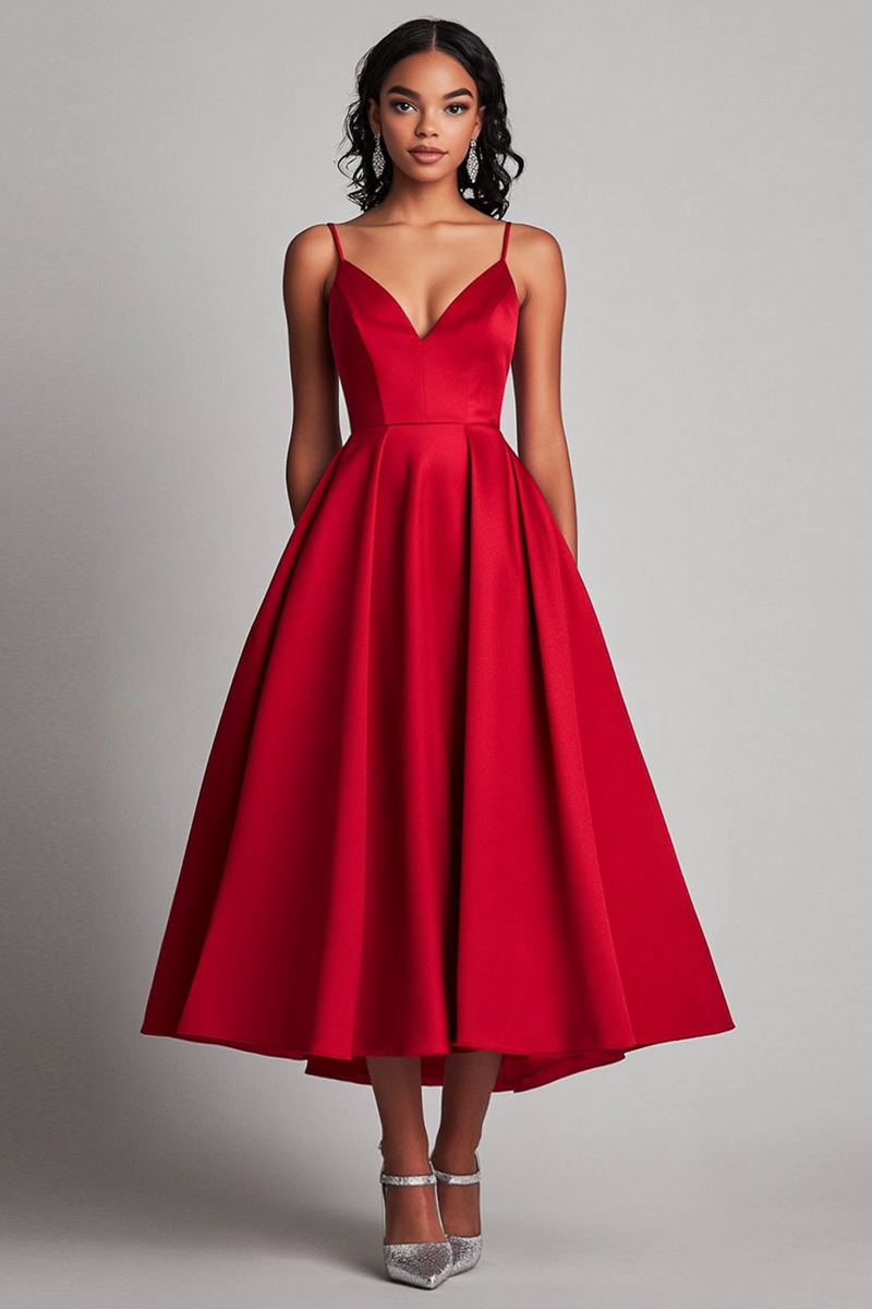 Hellymoon Women Red Satin A-Line Formal Dress Spaghetti Straps Tea Length Evening Dress hellymoonuk Hellymoon Women Red Satin A-Line Formal Dress Spaghetti Straps Tea Length Evening Dress hellymoonuk